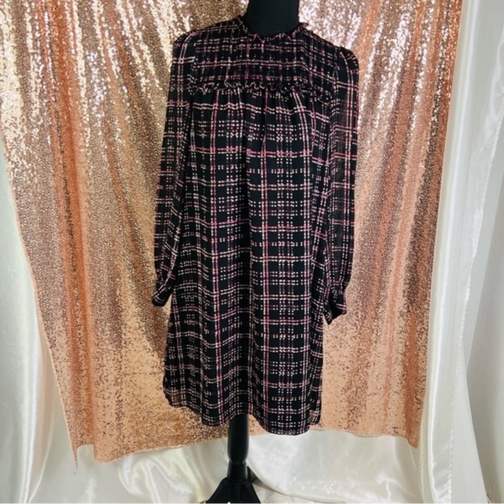 Black Pink Plaid Mini Dress Sheer Sleeve Preppy Shift M | CeCe